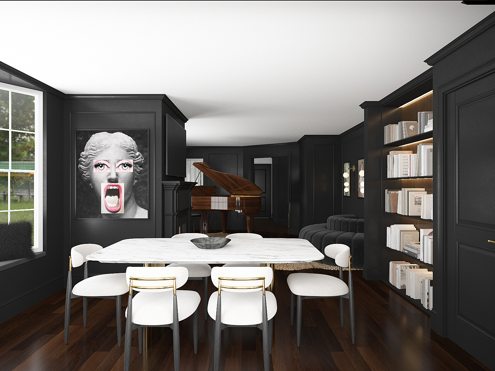 Elegant piano room detail in Garden Gables